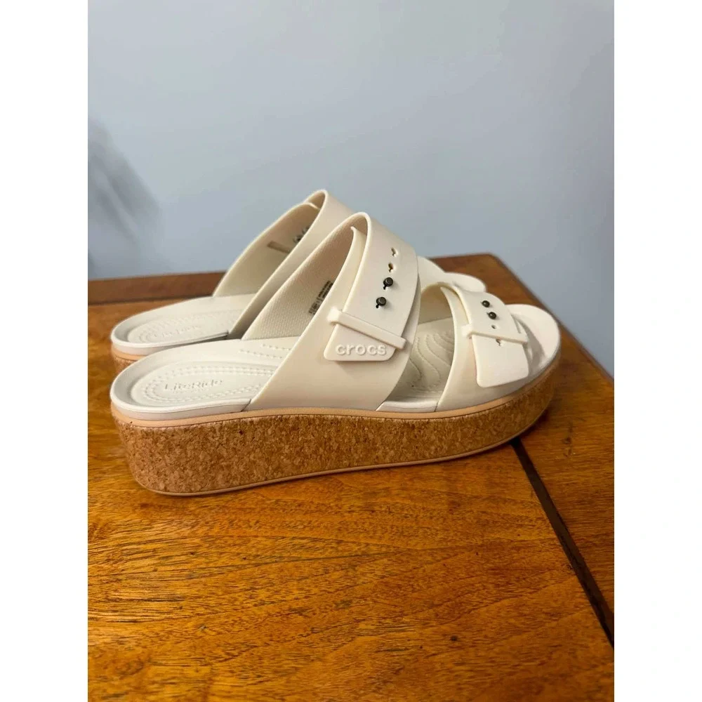 Crocs Brooklyn Low Wedge Sandals Stucco White Cork Platform Slides Womens 10